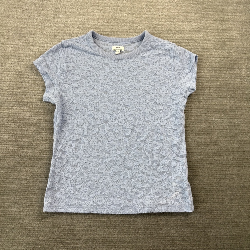 Aerie Lace Short Sleeve T Shirt Light Blue XS Stretch Femme Flirty Coquette